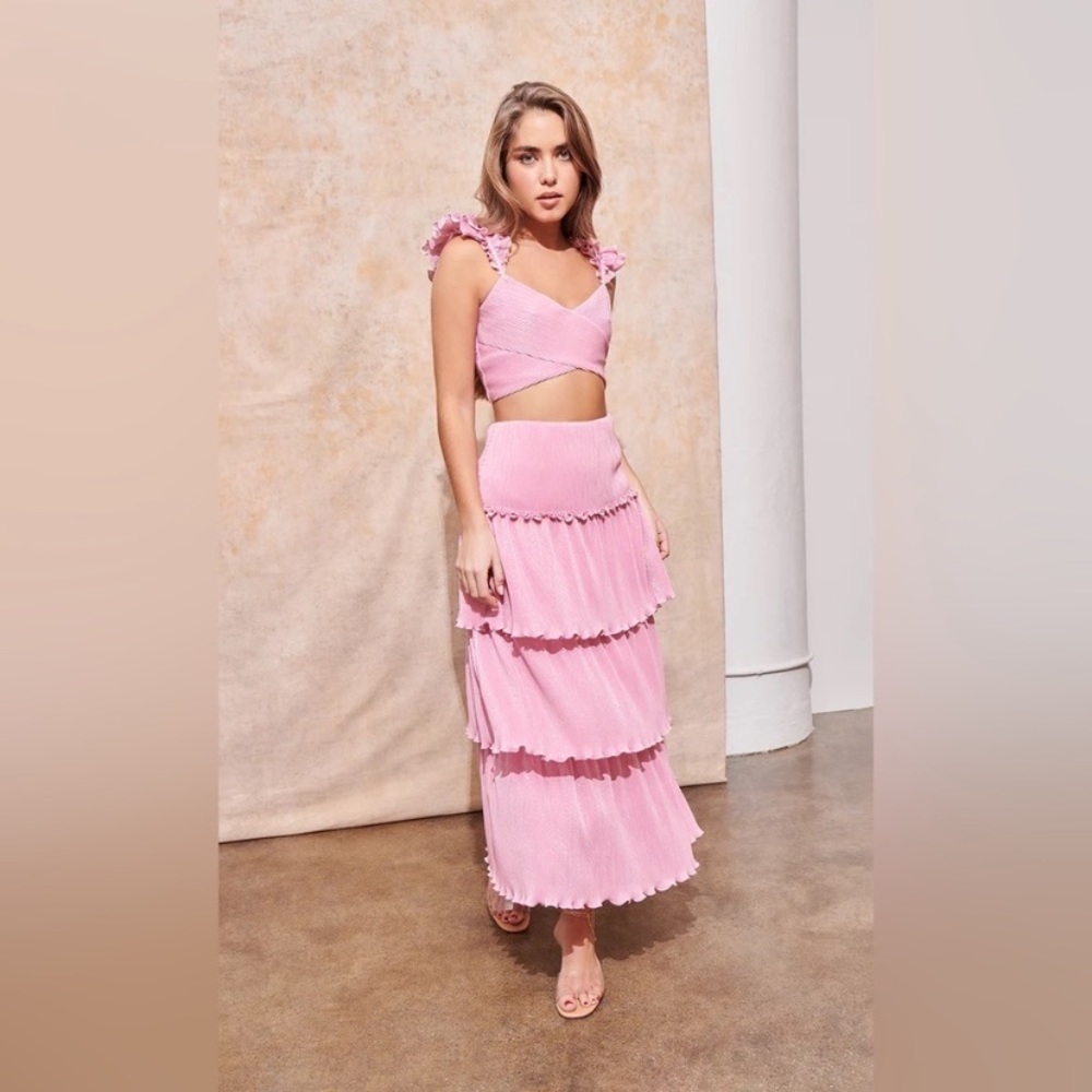 SAYLOR Pink Tiered Ruffle Maxi Skirt & Crop Top Set
